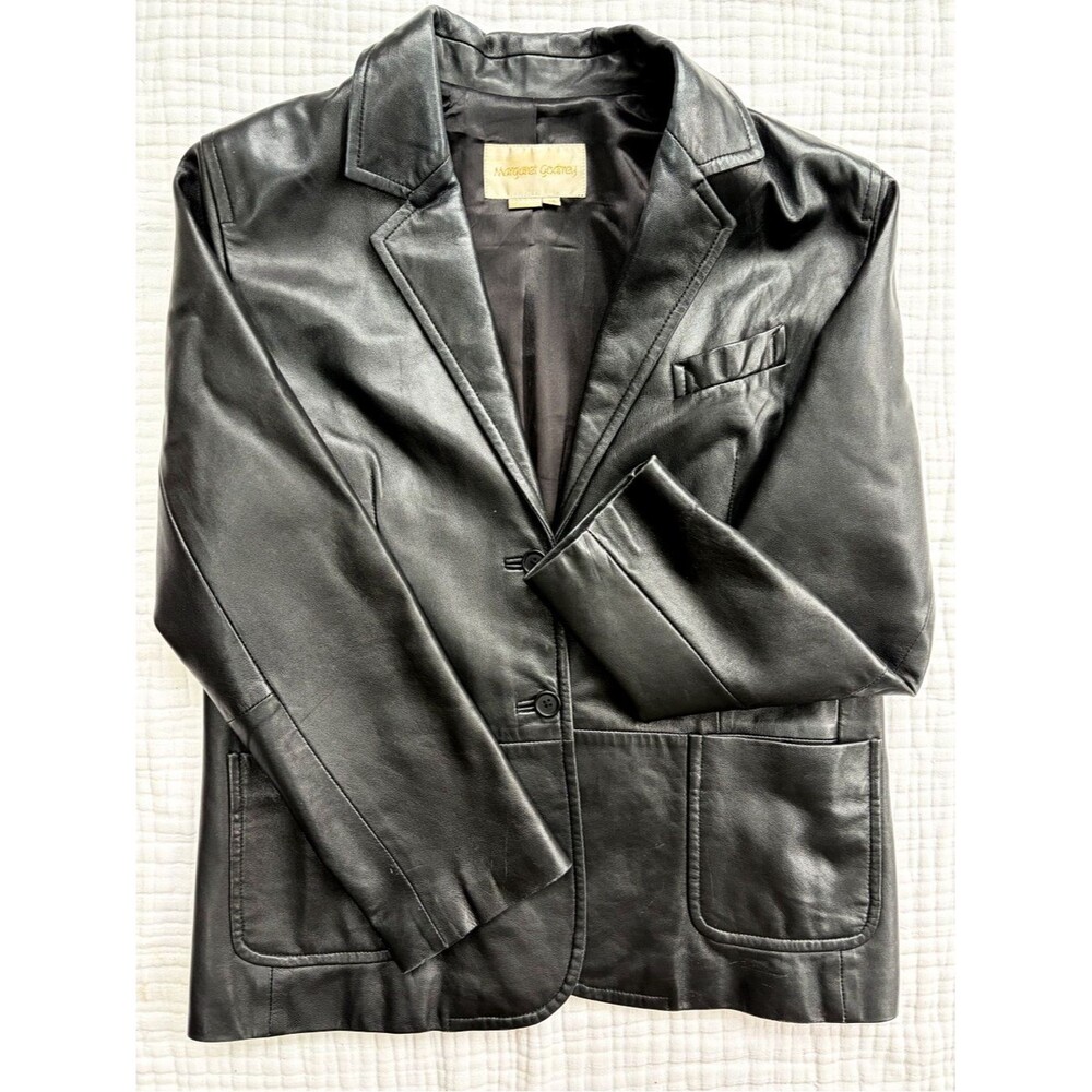Vintage Margaret Godfrey Black Genuine Leather Blazer Jacket Tailored Women’s 14